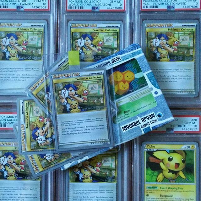 Mychael Bryan's 'Happy Luck' deck with various other PSA 10 grade 2010 and 2011 championship deck cards (picture from my Instagram feed).
