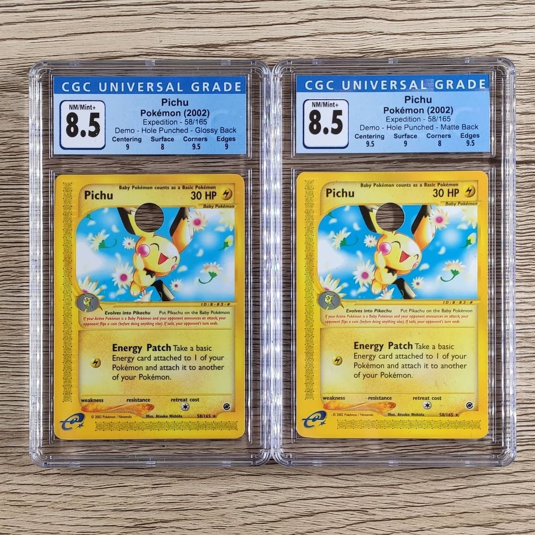 My CGC 8.5 glossy and matte demo Pichu cards (picture from my Instagram feed).